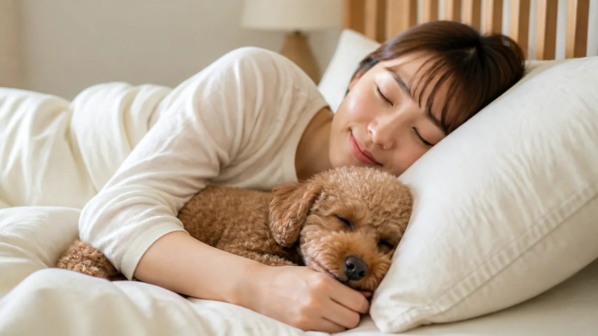 犬と一緒に寝るのはダメ？メリット・デメリットと寝る位置でわかる心理を解説のアイキャッチ画像