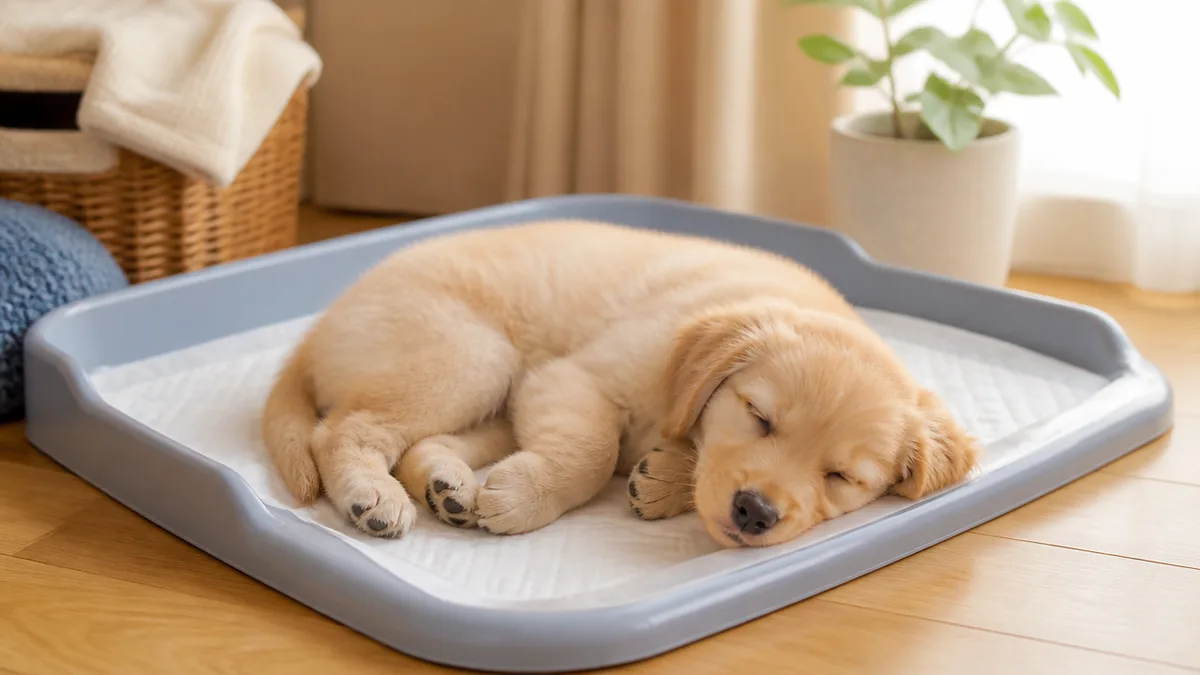 子犬がトイレで寝るのは安心のサイン｜6つの理由とやめさせる5ステップを解説のアイキャッチ画像