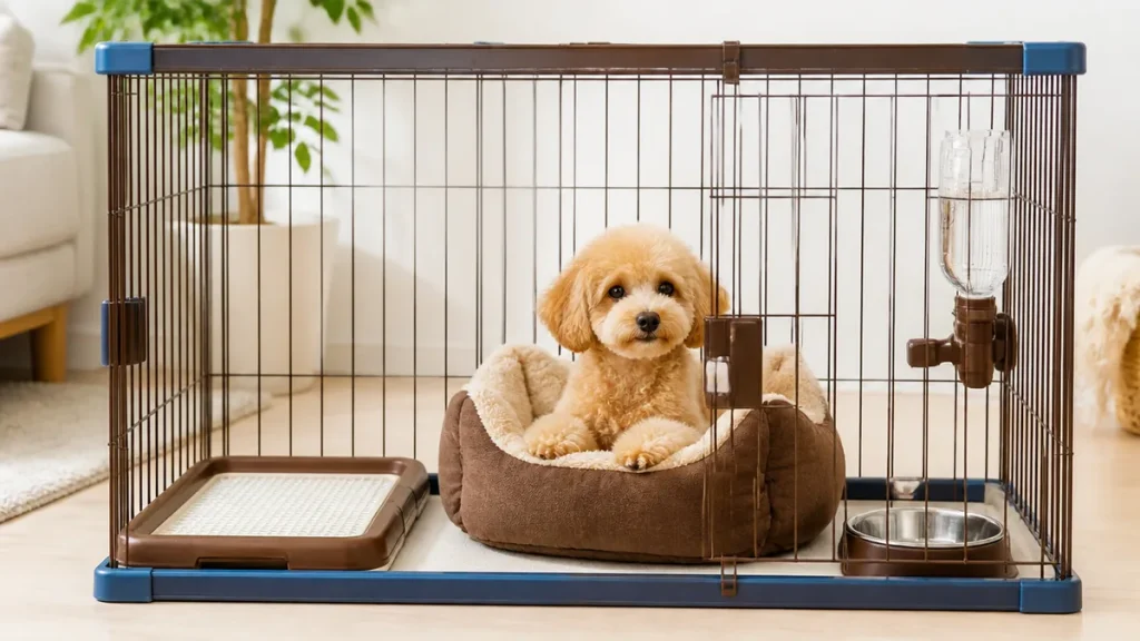 犬ケージの中レイアウトは3ゾーンが正解｜トイレ・寝床・給水の置き方と失敗例も解説のアイキャッチ画像
