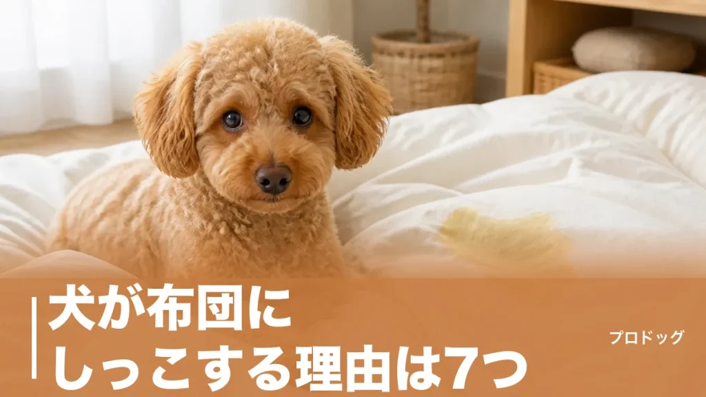 犬が布団にしっこする理由は7つ｜マーキングと粗相の見分け方・やめさせる手順も解説のアイキャッチ画像