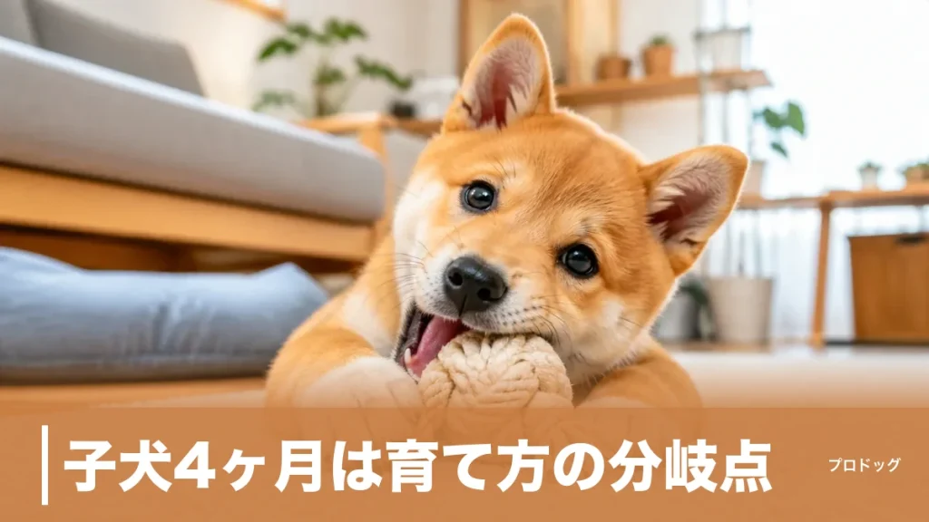 子犬4ヶ月は育て方の分岐点｜甘噛みピーク・睡眠16〜18時間・散歩デビューの正解を解説のアイキャッチ画像