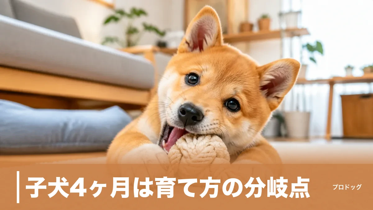 子犬4ヶ月は育て方の分岐点｜甘噛みピーク・睡眠16〜18時間・散歩デビューの正解を解説のアイキャッチ画像