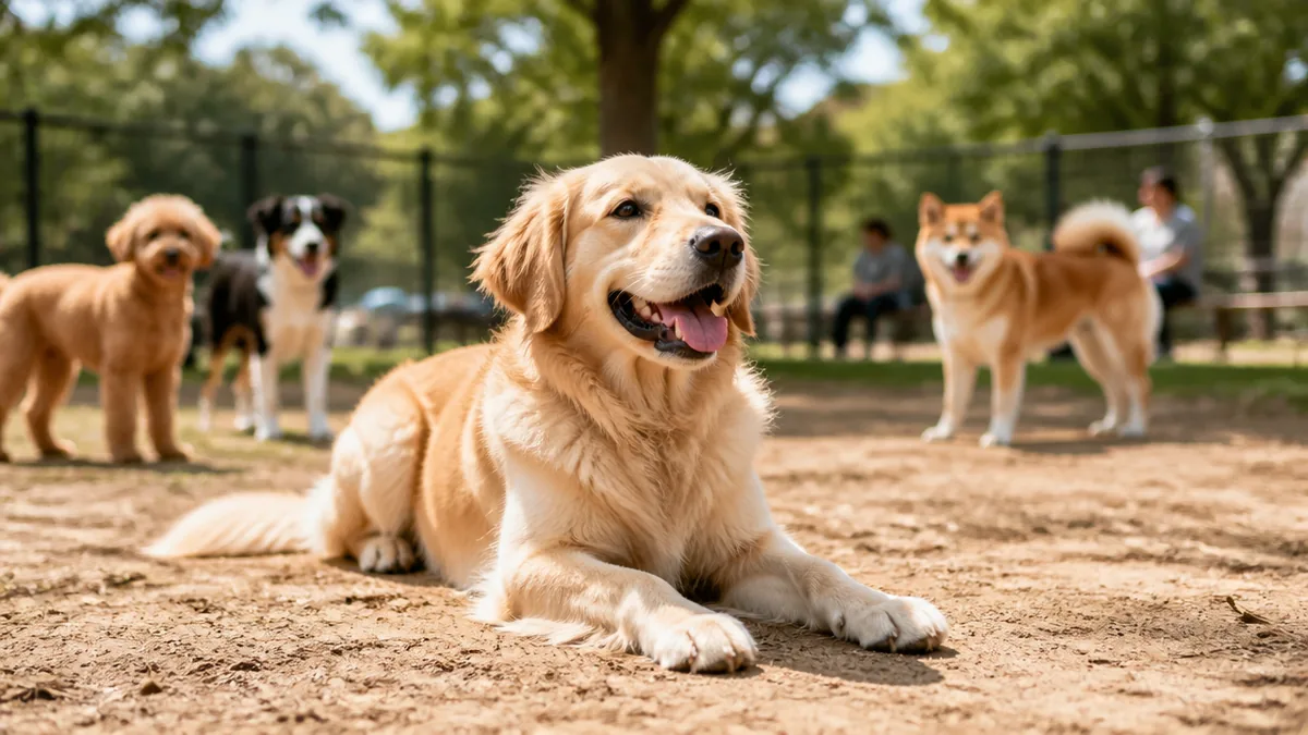 ドッグランで伏せる犬は、その場の空気をおさめていますの解説画像